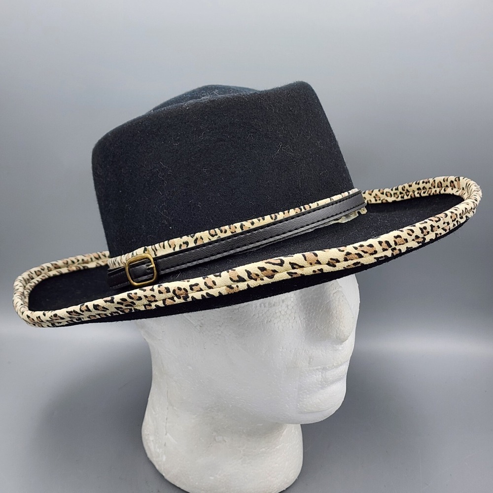 Vintage Sonni San Francisco 100% Wool Black Hat with Accent Band Leopard Print